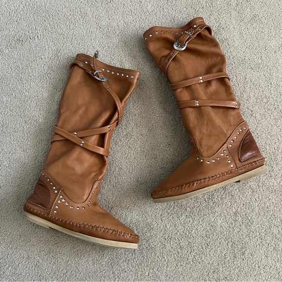 Vintage ‘Hector Riccione’ Pull Up Caramel Tan Calfskin Moccasin Boots Stud Tie - Picture 3 of 16